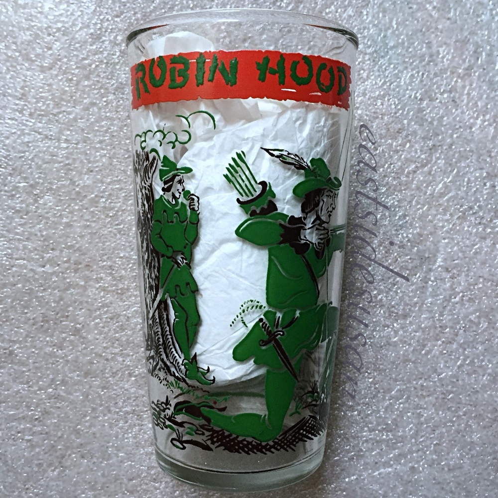Vintage 1950s Robin Hood character drinking glass Peanut Butter Glass tumbler